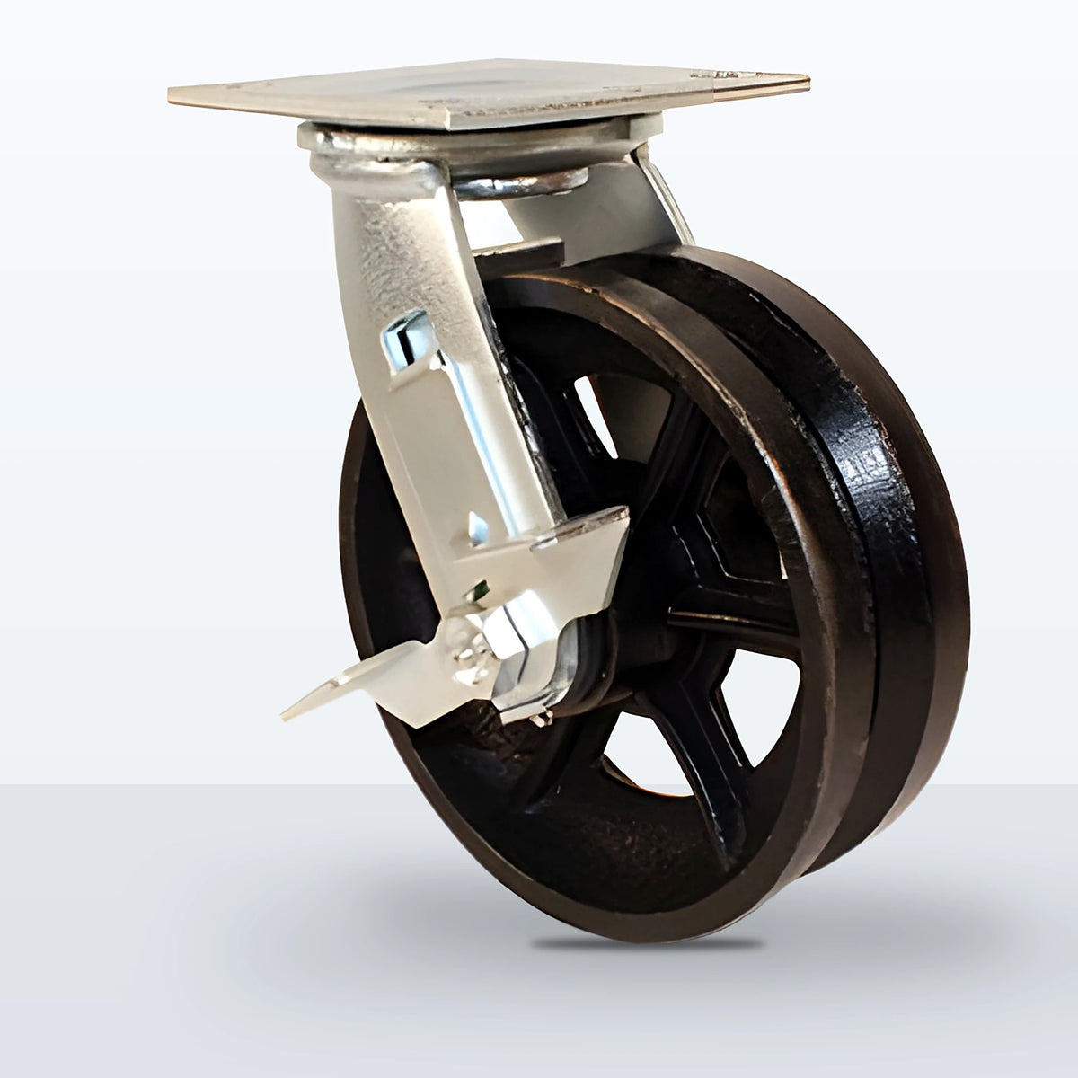 6" V-groove Cast Iron Caster, Top Plate, 1000 lb Capacity - Roller Bearing, 4 X 4-1/2 Plate, 7-1/2" Overall Height