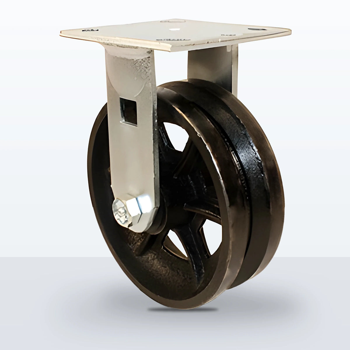 6" V-groove Cast Iron Caster, Top Plate, 1000 lb Capacity - Roller Bearing, 4 X 4-1/2 Plate, 7-1/2" Overall Height