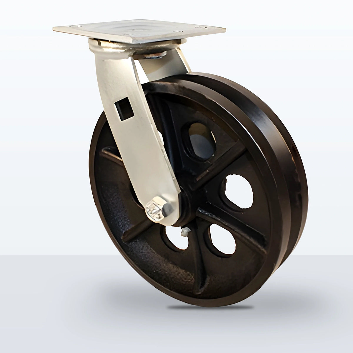 8" V-groove Cast Iron Caster, Top Plate, 1200 lb Capacity - Roller Bearing, 4 X 4-1/2 Plate, 9-1/2" Overall Height