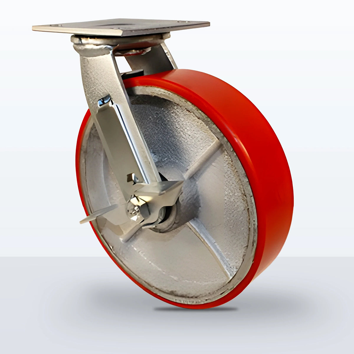 8" Polyurethane on Cast Iron Caster, Top Plate, 1250 lb Capacity - Roller Bearing, 4 X 4-1/2 Plate, 9-1/2" Overall Height