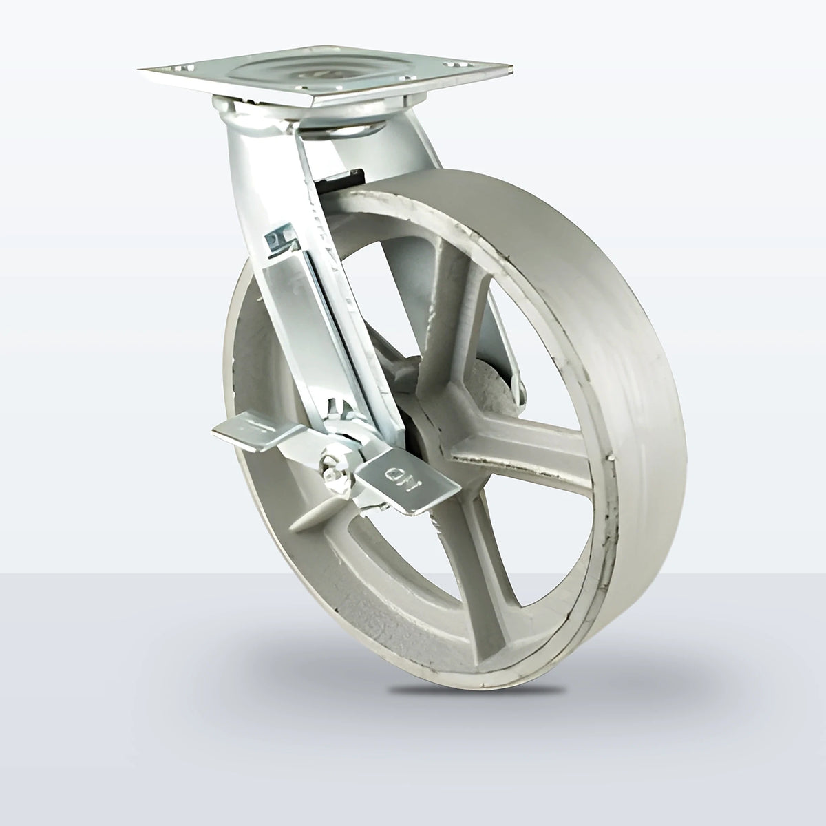 8" Cast Iron Caster, Top Plate, 1250 lb Capacity - Roller Bearing, 4 X 4-1/2 Plate, 9-1/2" Overall Height, Zinc