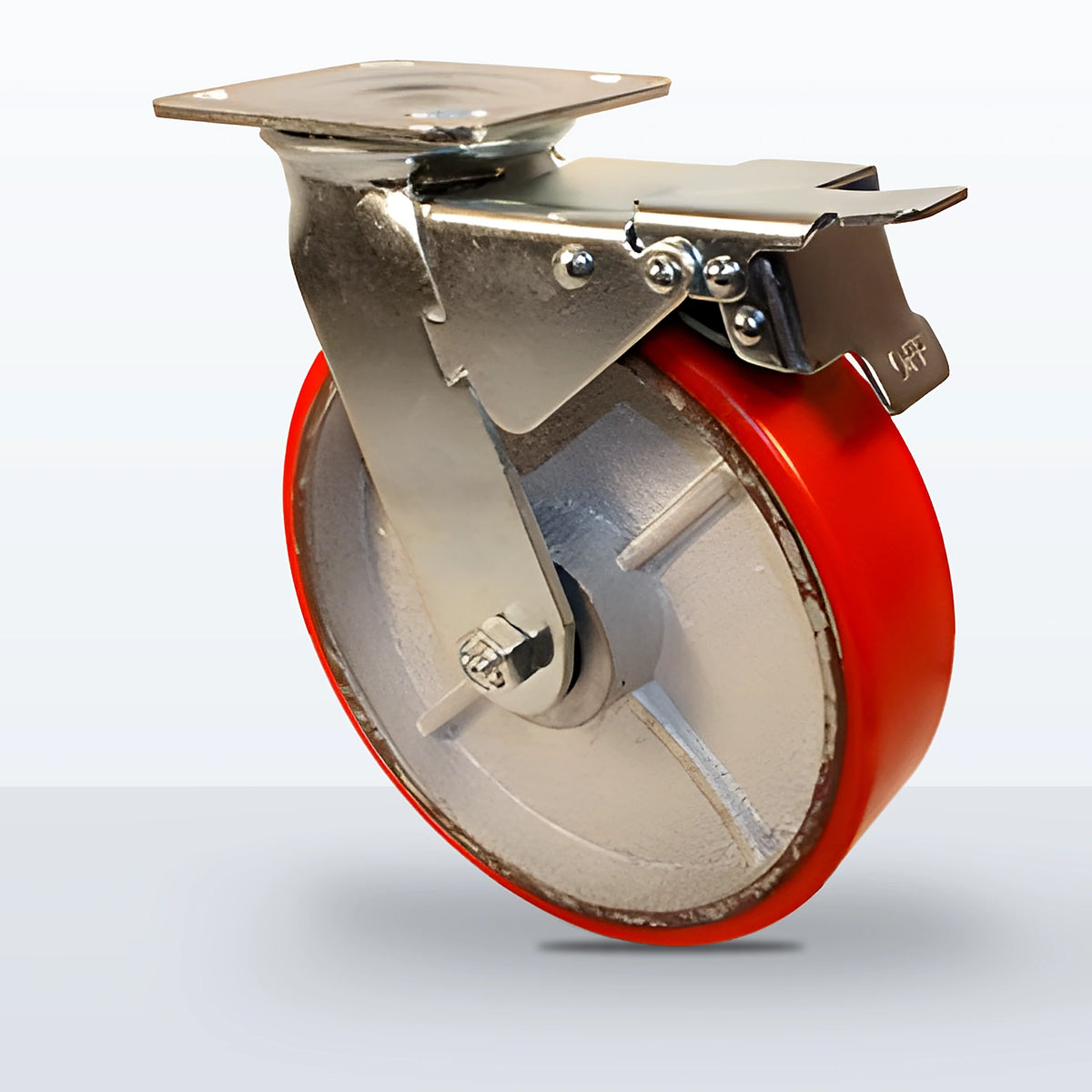 8" Polyurethane on Cast Iron Caster, Top Plate, 1250 lb Capacity - Roller Bearing, 4 X 4-1/2 Plate, 9-1/2" Overall Height