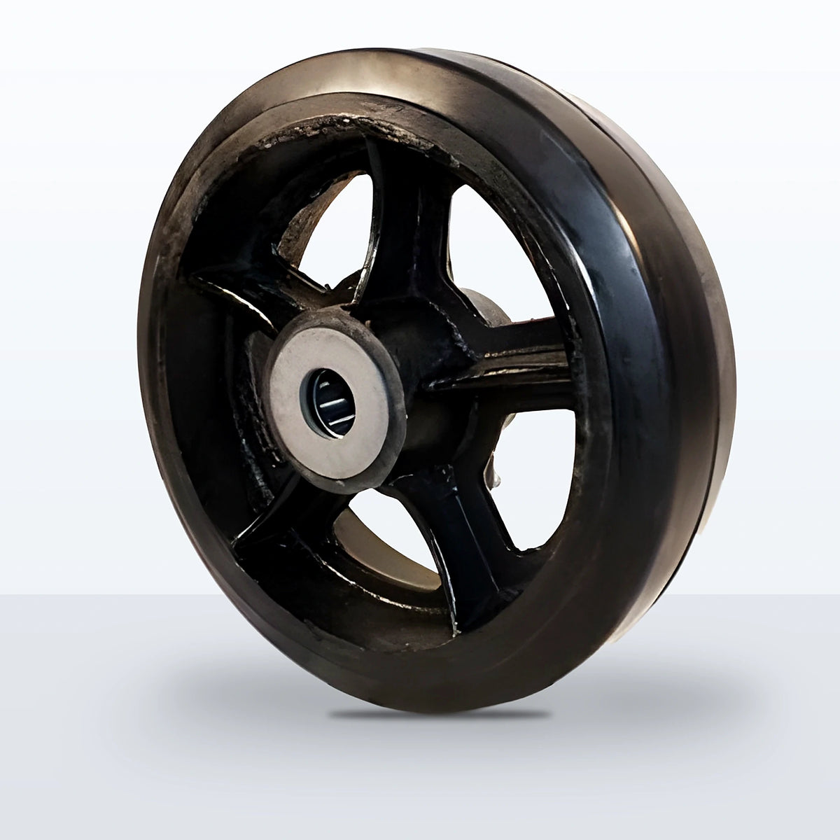 10" x 3" Rubber on Cast Iron Wheel, Roller Bearing, 1100 lb Capacity