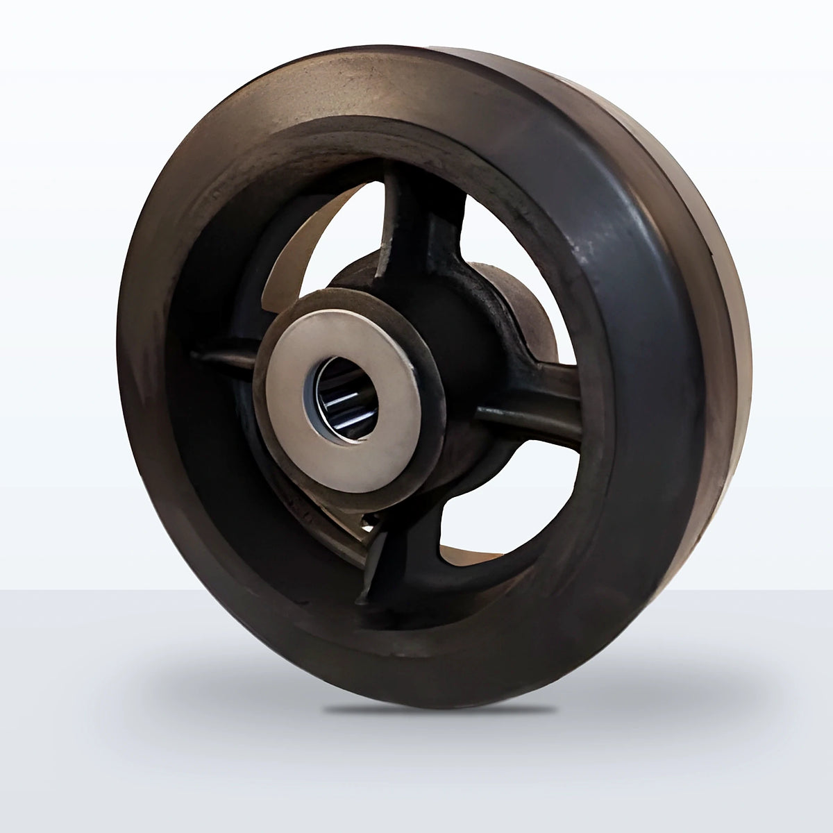8" x 3" Rubber on Cast Iron Wheel, Roller Bearing, 900 lb Capacity