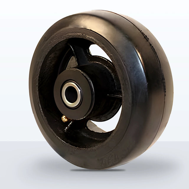 5" x 2" Rubber on Cast Iron Wheel, Roller Bearing, 400 lb Capacity