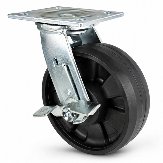 8" Glass Filled Nylon Swivel with Brake, Top Plate, 1250 lb Capacity
