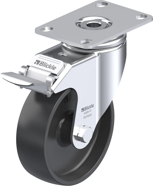 Light Duty 4" Plate Polyolefin Swivel Caster w/Brake Plain Bore (910377)