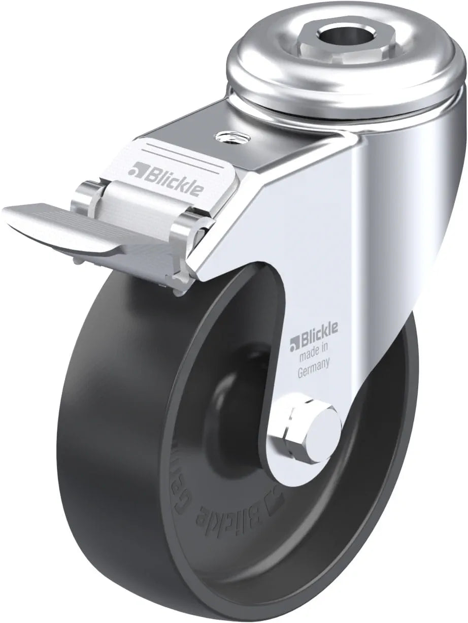 Light Duty 4" Hollow Kingpin Polyolefin Swivel Caster Plain Bore Bearing w/Brake (225052)