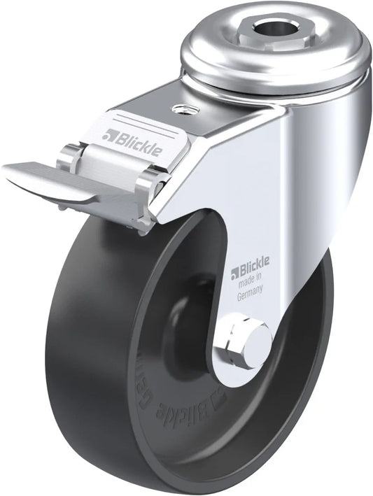 Light Duty 4" Hollow Kingpin Polyolefin Swivel Caster Plain Bore Bearing w/Brake (225052)