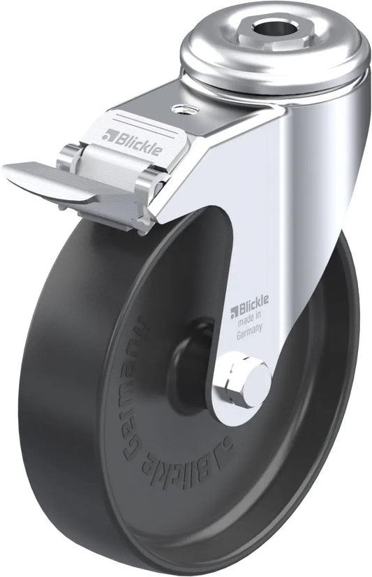 Light Duty 5" Hollow Kingpin Polyolefin Swivel Caster Plain Bore Bearing w/Brake (223487)