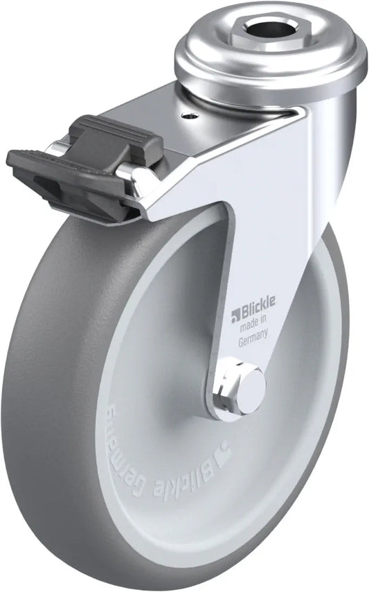 Light Duty 4" Hollow Kingpin TPR Swivel Caster Plain Bore w/Brake (331264)
