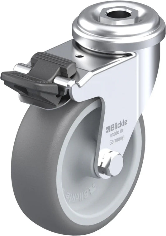Light Duty 3" Hollow Kingpin TPR Swivel Caster Plain Bore w/Brake (365510)