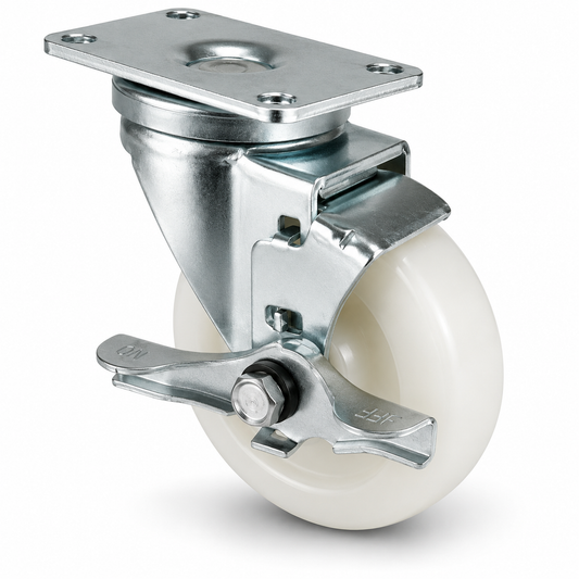 5" White Nylon Swivel with Brake, Top Plate, 350 lb Capacity