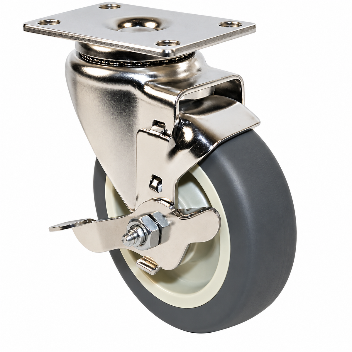 3.5" TPR Swivel with Brake, Top Plate, 230 lb Capacity, Stainless Steel